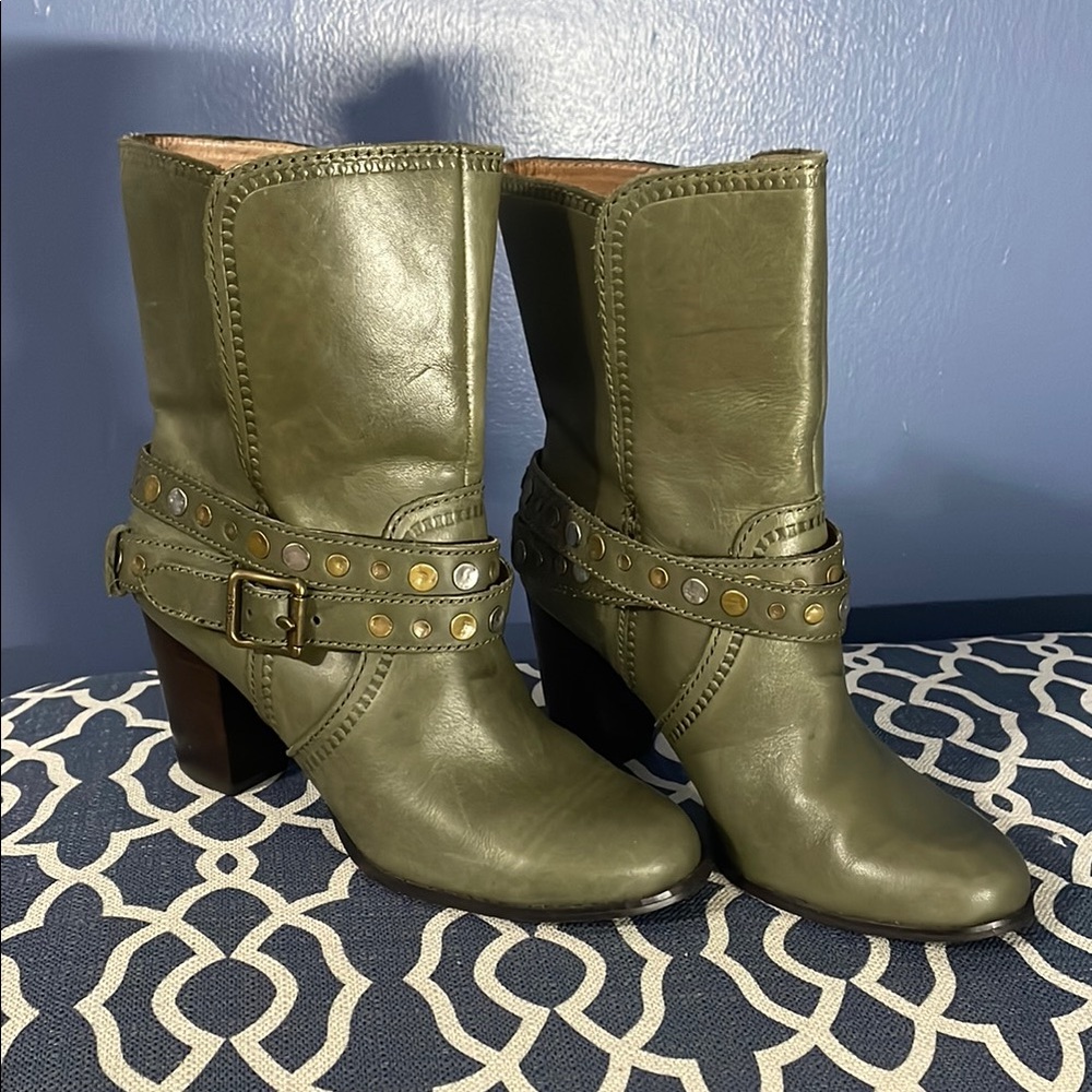 Olive Green Leather Ankle Boots with Studded Straps